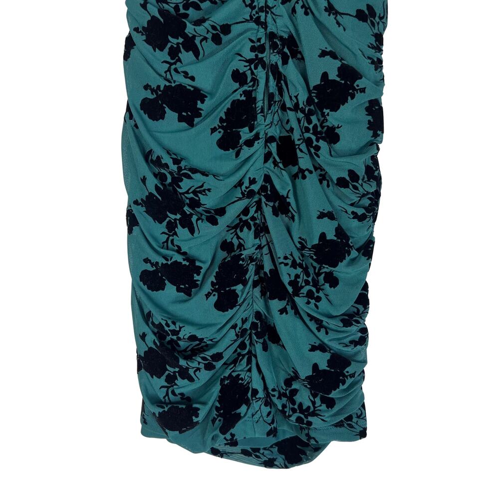 Dear Moon Green Burnout Velvet Floral Ruched Midi Dress Puff Sleeve Goth Holiday - Picture 5 of 7